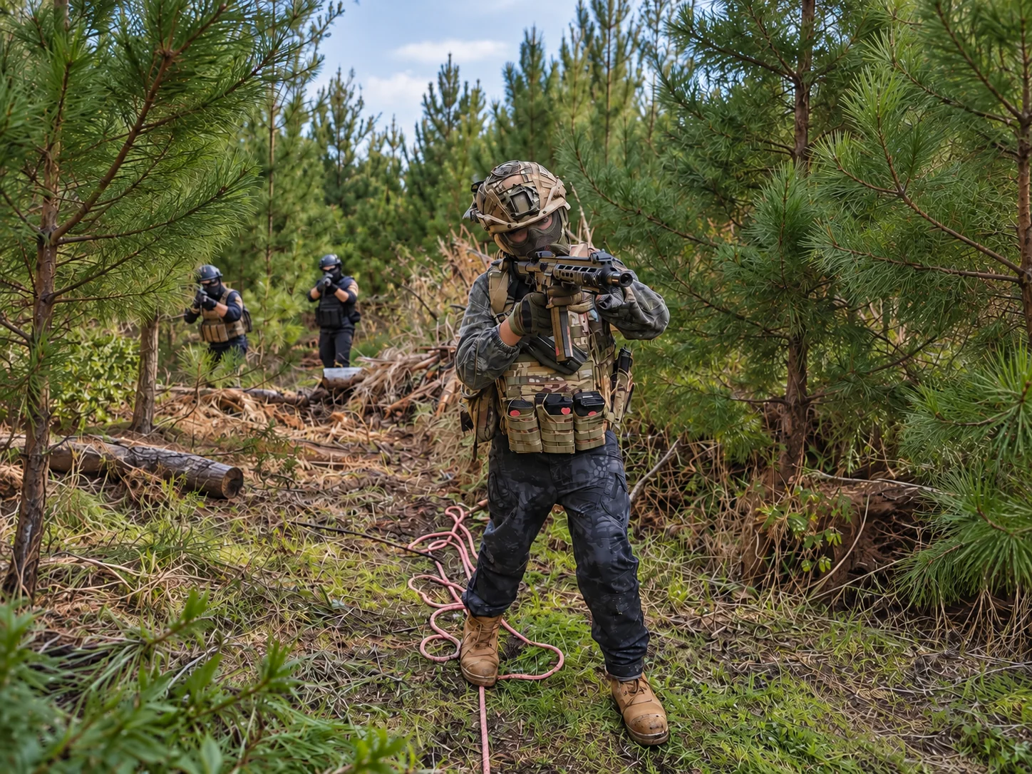 Airsoft players on a plantation trail at the SWAG field