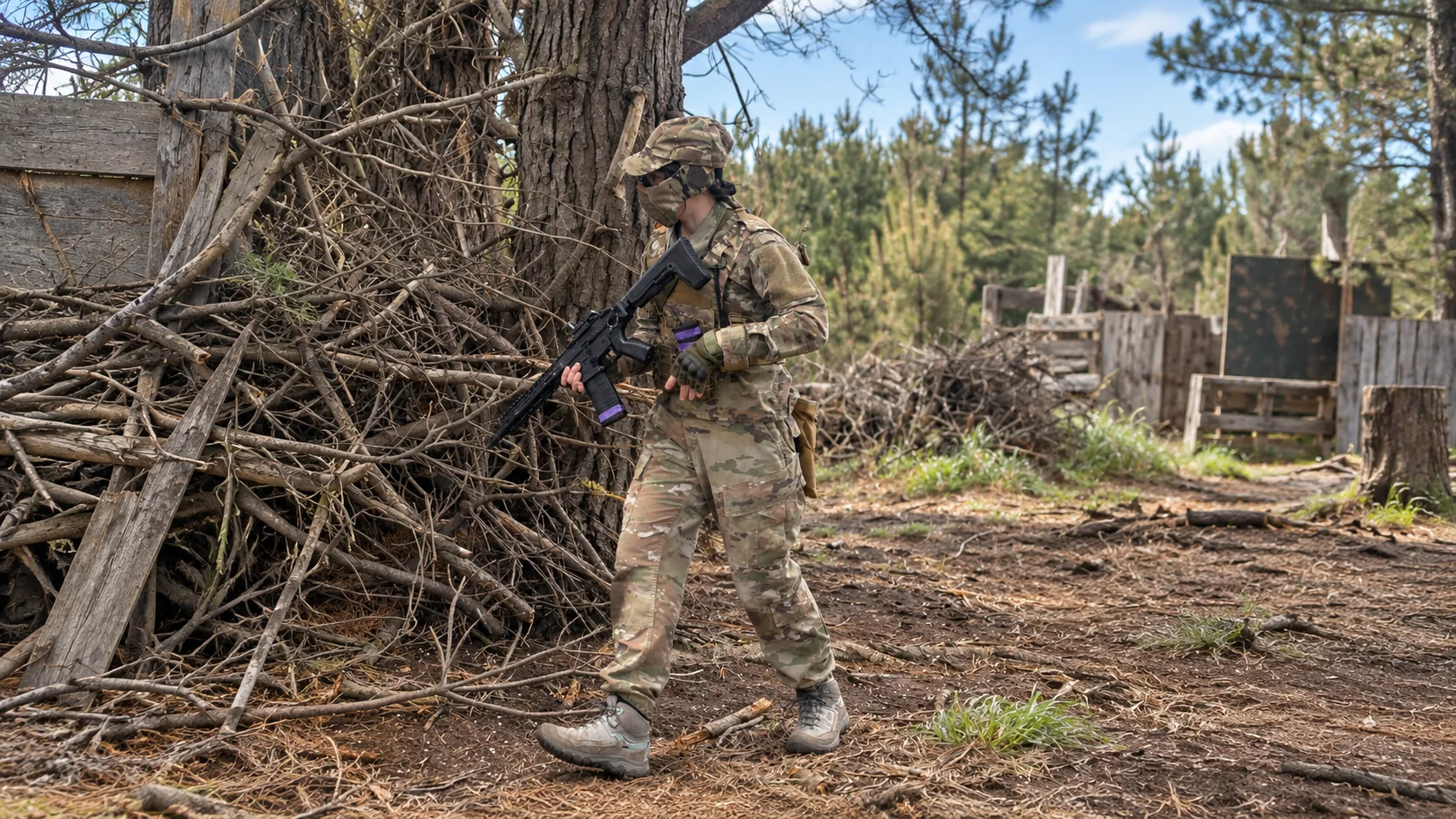 Player using a large pine and rough cover