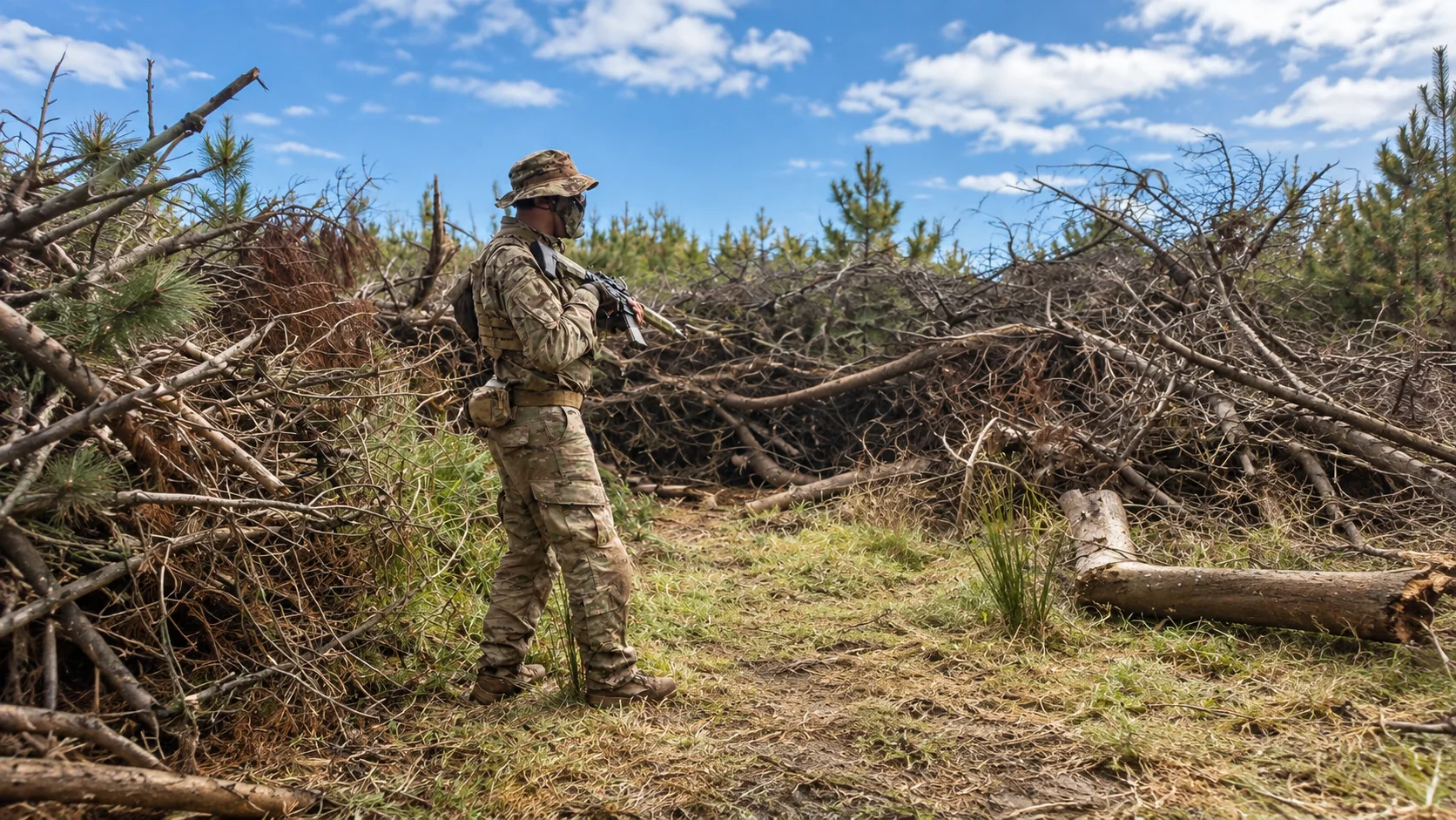 Player crossing open rough terrain