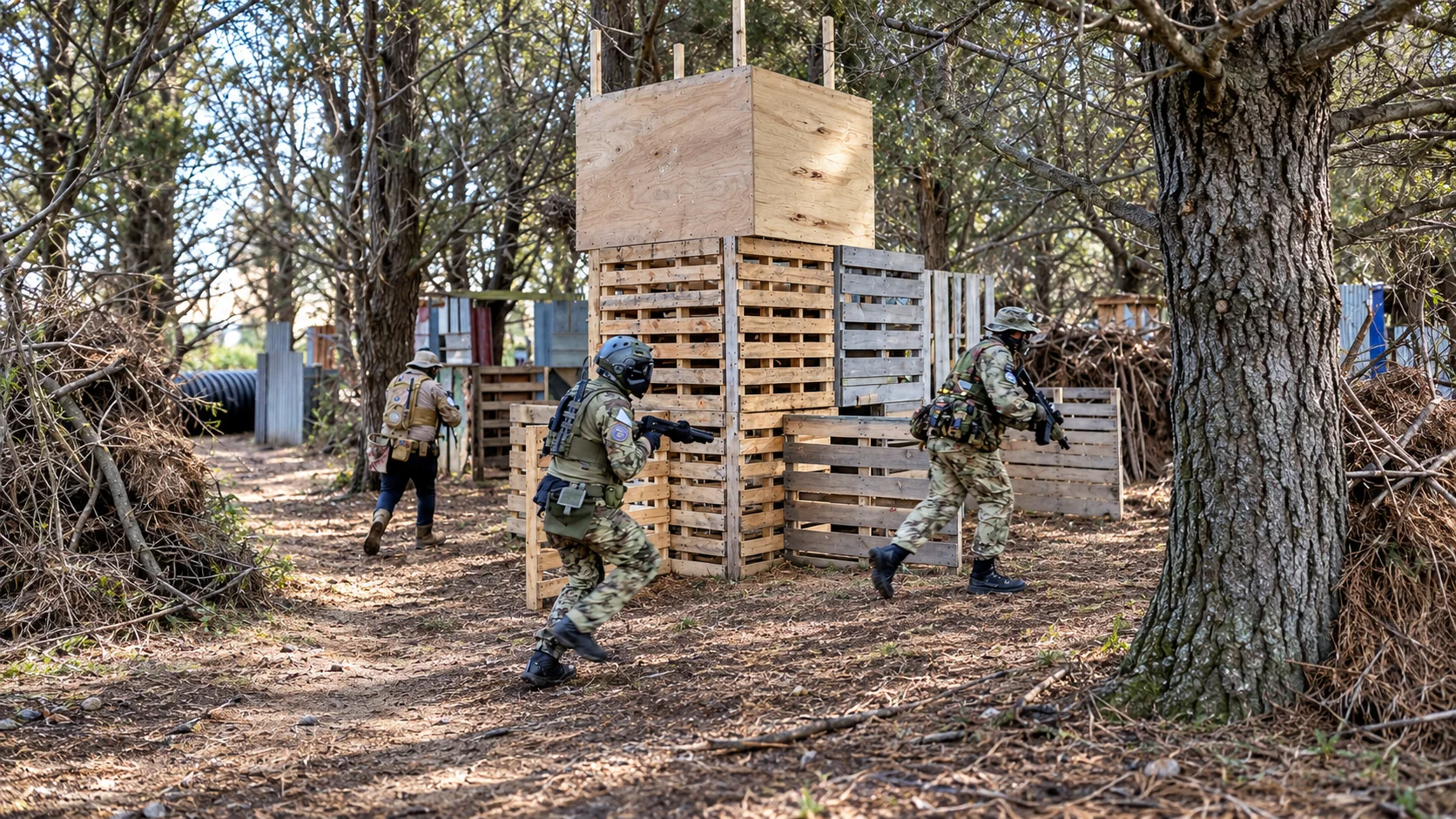 Airsoft players moving through the Southern Wolves Airsoft Group field in Invercargill